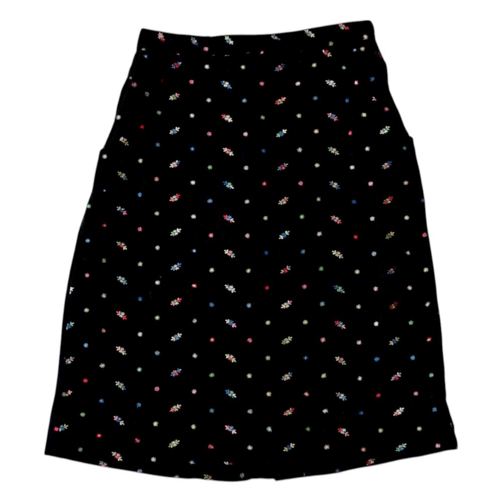 Vintage 90s Black Floral Embroidered Midi Skirt Small A-Line Whimsigoth